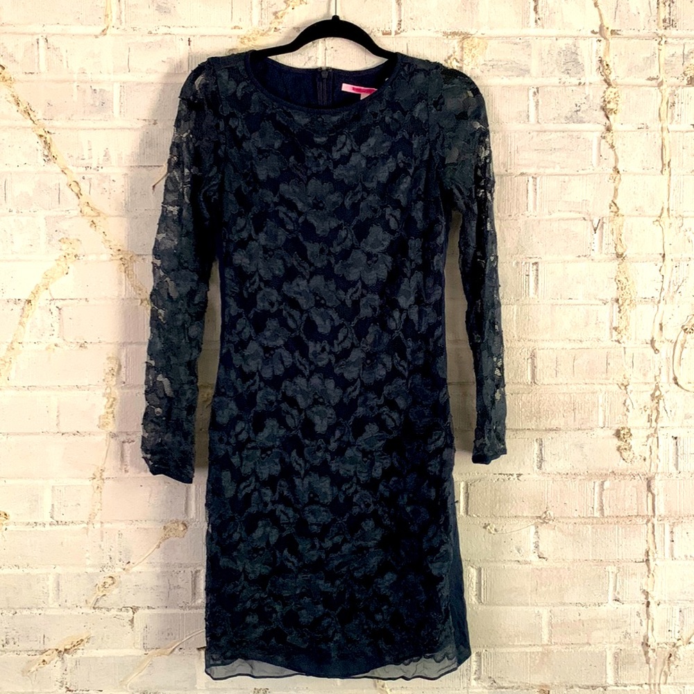 Diane Von Furstenberg Navy Blue Floral Lace Long Sleeve Dress